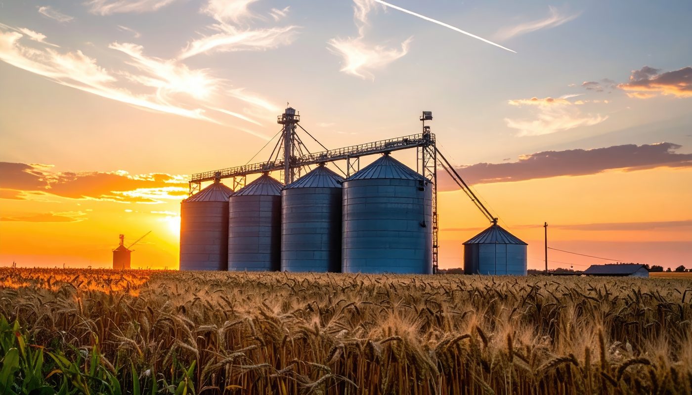 Grain storage silos in a wheat field at sunset