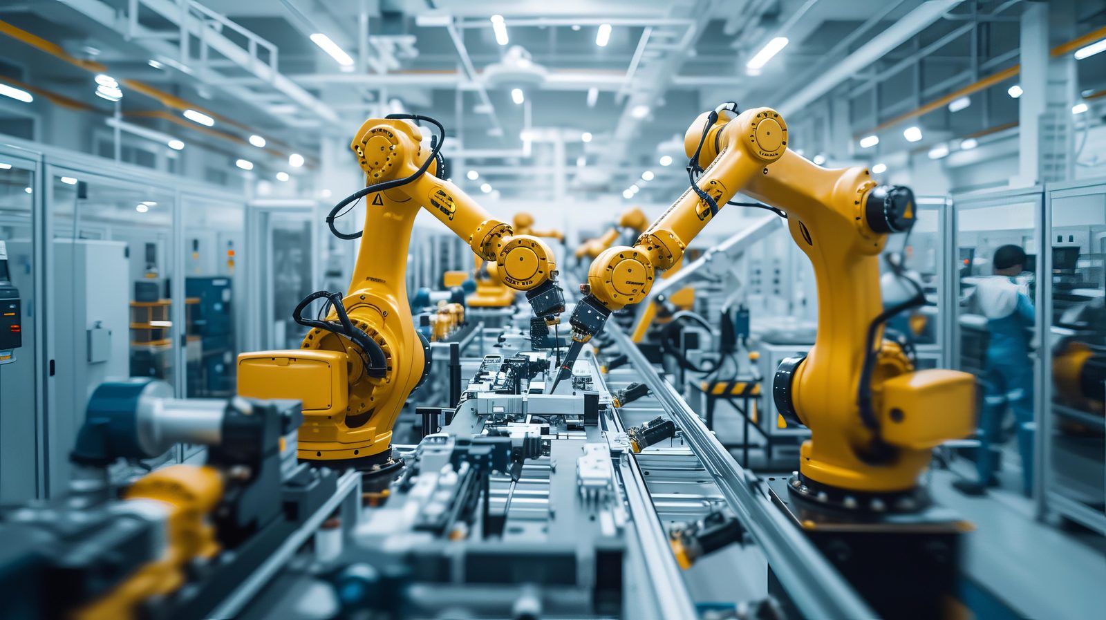 Yellow robotic arms on an automotive assembly line