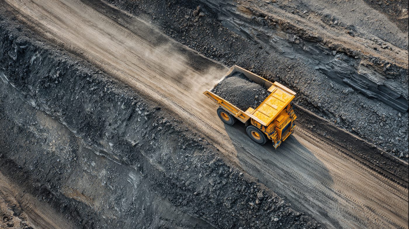 Yellow haul truck carrying ore on a mine bench, aerial view