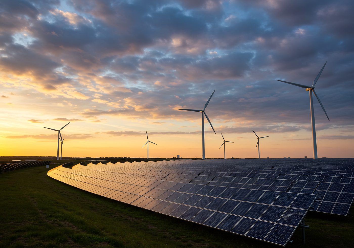 Wind turbines behind a solar panel array at sunset